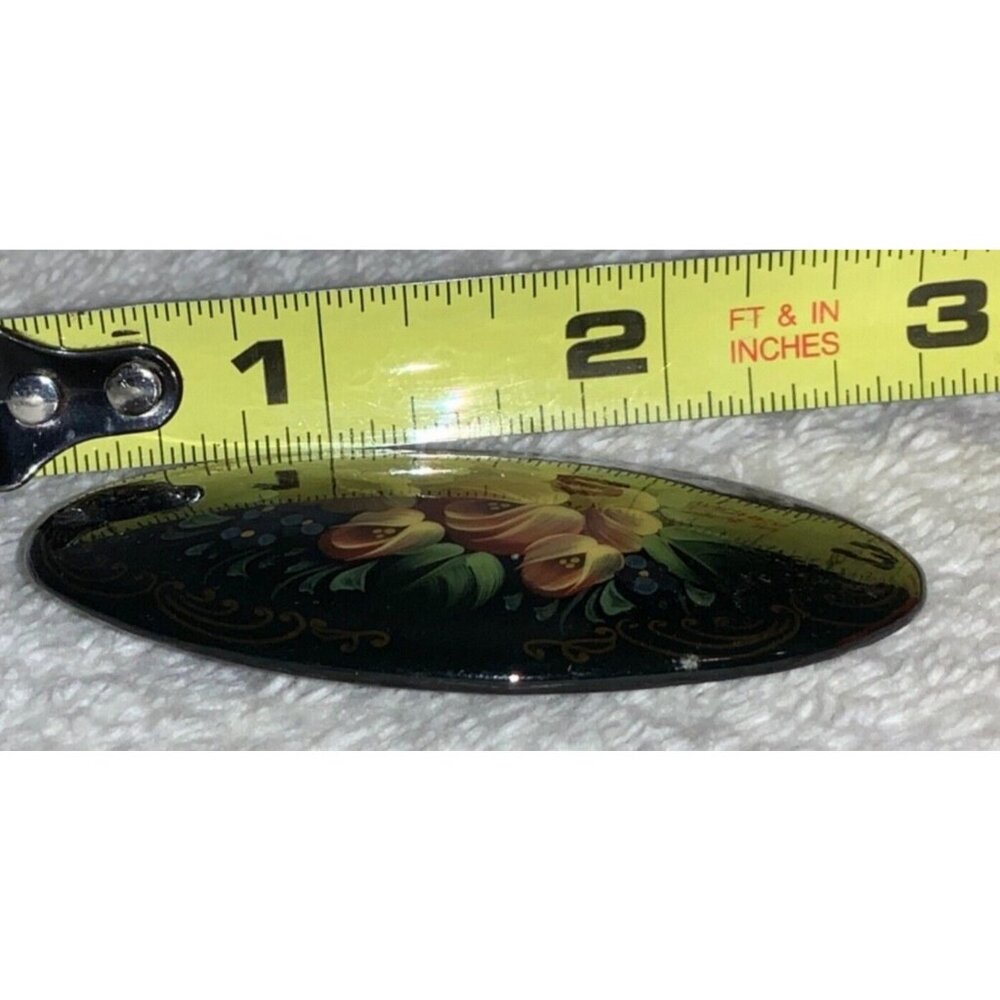 Signed Hand Painted Vintage Floral Pin Brooch Black Lacquer Red Yellow Floral - Picture 3 of 8